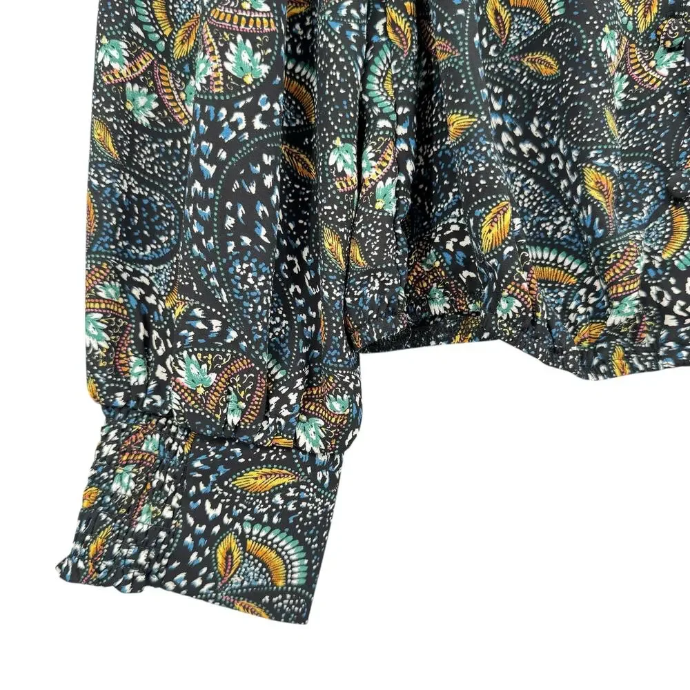 Evereve Charlie Neck Tie Teal Multicolor Printed Long Sleeve Chiffon Blouse - Picture 7 of 12